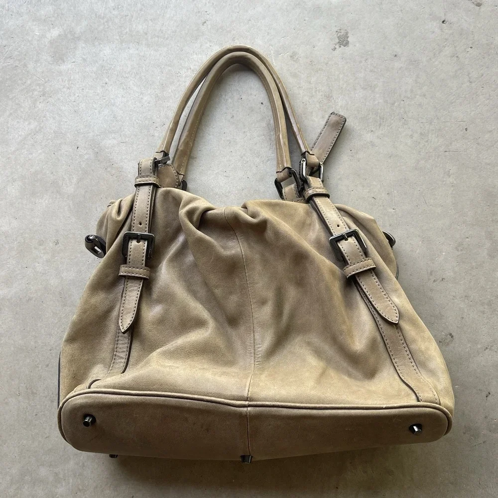 Burberry Gray Suede Belted Pleated Leather Hobo‎ Shoulder Bag